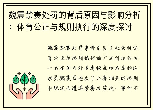 魏震禁赛处罚的背后原因与影响分析:体育公正与规则执行的深度探讨 魏震禁赛处罚的背后原因与影响分析:体育公正与规则执行的深度探讨
