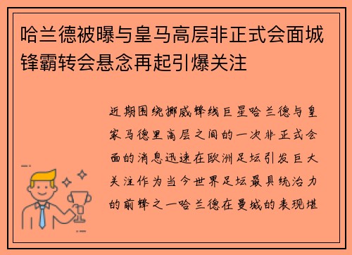 哈兰德被曝与皇马高层非正式会面城锋霸转会悬念再起引爆关注